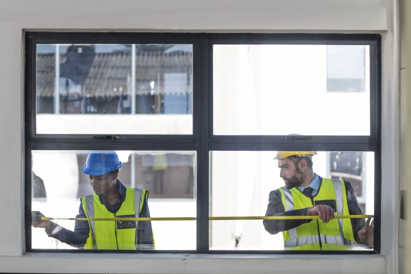 Colleagues in hard hats and high viz jackets measuring window
